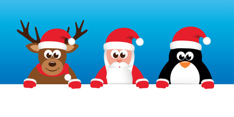 cute deer santa and penguin cartoon with big eyes vector illustration