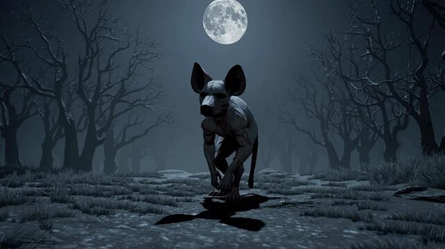 Nightmarish wilderness scene featuring genetically mutated canine creature roaming dark forest landscape under full moonlight, embodying supernatural horror and sci-fi atmosphere