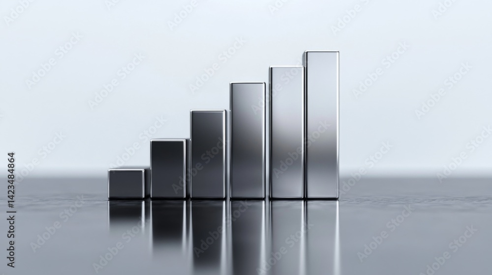 Poster a d stacked bar chart with metallic bars in ascending order, placed on a reflective surface, highlig