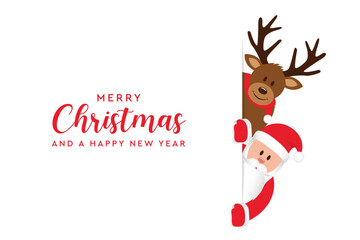 santa and deer christmas cartoon on white banner vector illustration