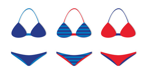 three bikinis with different patterns isolated vector illustration