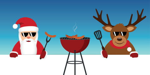 cute santa claus and reindeer with sunglasses at christmas bbq vector illustration