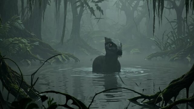 Parasaurolophus slowly rises from murky swamp water in a dense, misty prehistoric forest, creating ripples that disturb the stillness of the primeval scene
