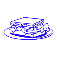 A blue and white drawing of a sandwich with lettuce and tomato. The sandwich is cut in half