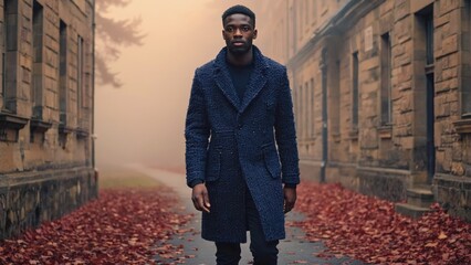 Man wearing a coat stands alone on a foggy street with red leaves and autumnal ambiance.