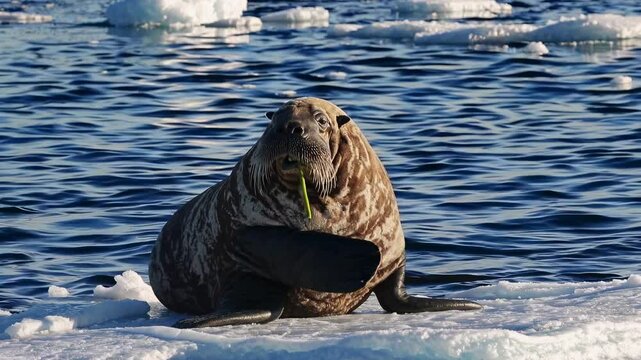 Large walrus resting on ice floe, chewing seaweed while floating in blue arctic waters, showcasing marine mammal in pristine polar environment