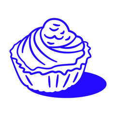 A blue cupcake with frosting on top. The frosting is white and the cupcake is round