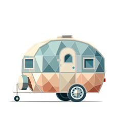 Geometrisch gestalteter Wohnwagen in stilisierter Polygonoptik. Der kompakte Caravan ist seitlich dargestellt, in Beige-, Blau- und Braunt&ouml;nen, mit Fenster, T&uuml;r und Rad auf wei&szlig;em Hintergrund.