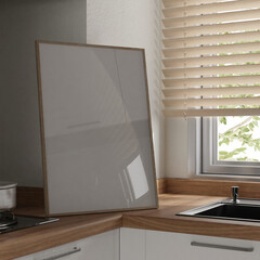 Frame interior, mockup frame, poster wood in empty one frame picture interior in kitchen in illustration 3d render © Thossaphon