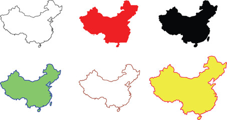 China Map Silhouette Icons Set – Black Country Vector Illustration Collection