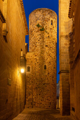 Carvajal tower of the medieval city of Caceres (UNESCO world Heritage Site), Spain, at night.