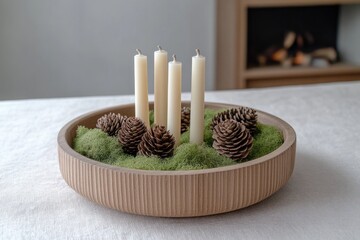 Candles surrounded by pinecones and moss create cozy, natural ce