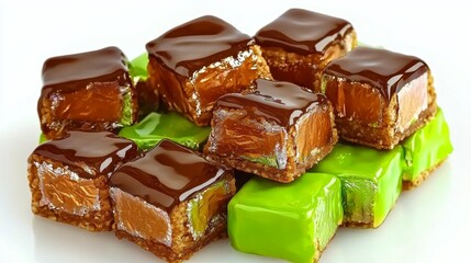 Delicious colorful candy squares with chocolate glaze stacked on a white background for dessert lovers