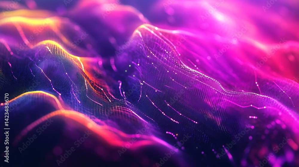Poster abstract wavy background with dynamic colorful light streaks and particles
