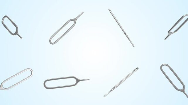 Sim Eject Tools Falling on a Light Blue Background. Sim Card Ejector 3D. 4K 