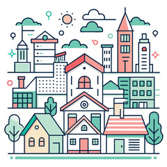 Fototapeta premium Charming Suburban Neighborhood Illustration Line Art