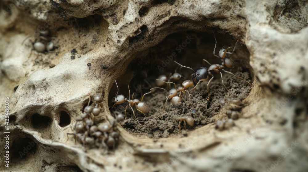 Poster A close-up of ants building a nest in the ground, showing their intricate tunnel system and the ants working together to move soil and debris.