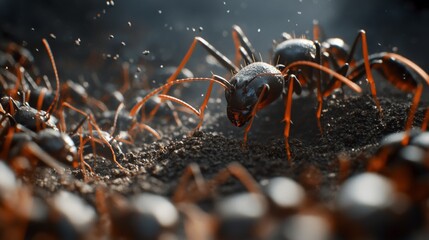 A close-up of an ant colony working together, showcasing multiple ants engaging in various tasks, with dirt and natural elements surrounding them