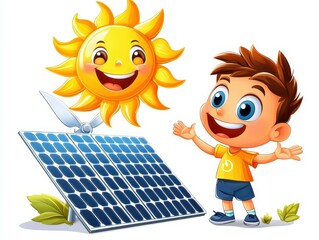 Happy boy with light skin and brown hair enjoying solar energy with a smiling sun.