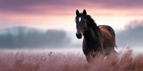 Obraz premium Majestic horse walks gracefully through a misty field at dawn, showcasing the beauty of nature and tranquility