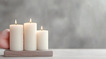 Three candles on a wooden stand, warm glow