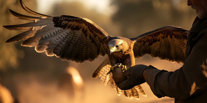 Falcon in Flight with Trainer, Close-up of Bird of Prey Handling, Falconry Sport

