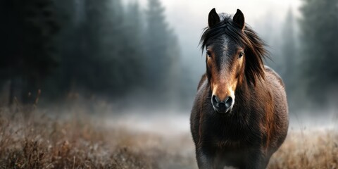 Majestic horse walking through a misty forest during early morning hours in a serene natural setting