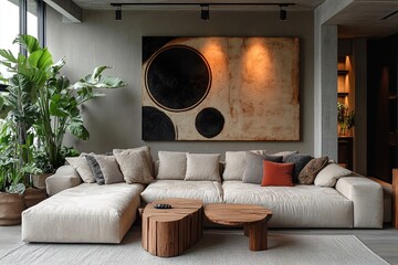 living room with fireplace ,A minimalist setting and white vases, set against an abstract beige wall with a textured pattern