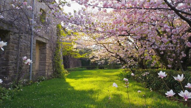A serene garden walkway under blooming trees