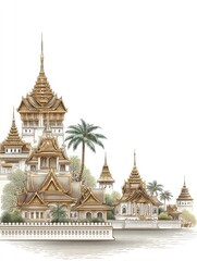 Fototapeta premium Watercolor Painting of Golden Palace Complex with Palm Trees