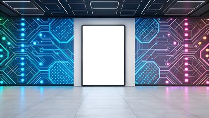 Blank vertical screen mockup in futuristic digital room with glowing circuit patterns