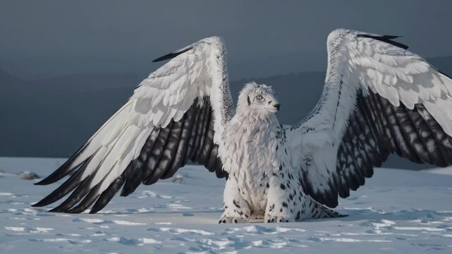 Beautiful white griffin with black-tipped wings sits in a snowy expanse, gracefully extending its wings while turning its head, exuding power and mythical presence