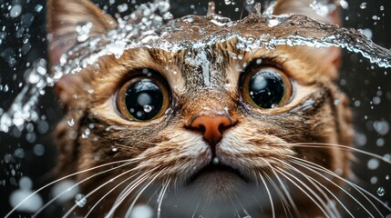 A close-up of a cats face with wide eyes and whiskers wet, as it tries to catch water droplets from a spraying bottle in a playful manner.
