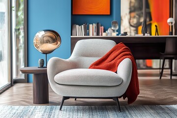 interior of a modern office,, The chair has armrests made from luxurious leather fabric, brass legs, and an octagonal wood side table, with warm tones, traditional elements, and soft lighting.