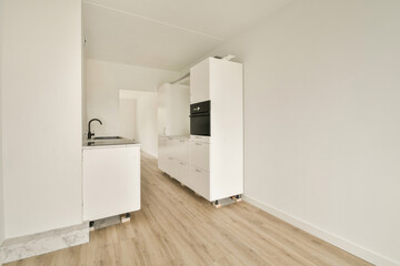 A sleek and modern kitchen with white cabinetry and light wooden flooring, embodying a minimalist design aesthetic. Ideal for contemporary living spaces.