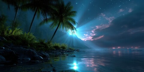 Serene tropical landscape under a starry night sky with palm trees and glowing water