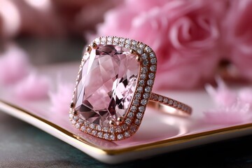 Stunning Gemstone Ring with Pink Center Stone and Sparkling Halo
