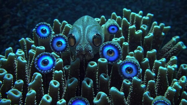Hypnotic underwater scene depicting curious marine creature slowly emerging from vibrant coral reef, big blue eyes opening with mysterious, dreamlike presence