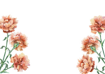 Red carnations, horizontal frame. Hand drawn watercolor illustration isolated on white. For Mothers Day, Birthday, Revolution, Remembrance, Victory greeting cards, invitations, posters, labels.