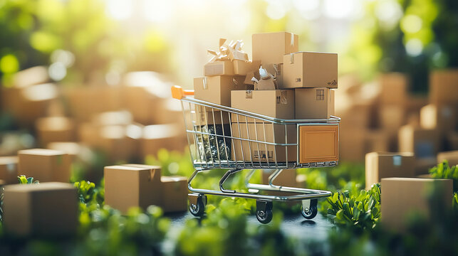 Cardboard box packages on a trolley, representing logistics and distribution services for efficient delivery and supply chain management