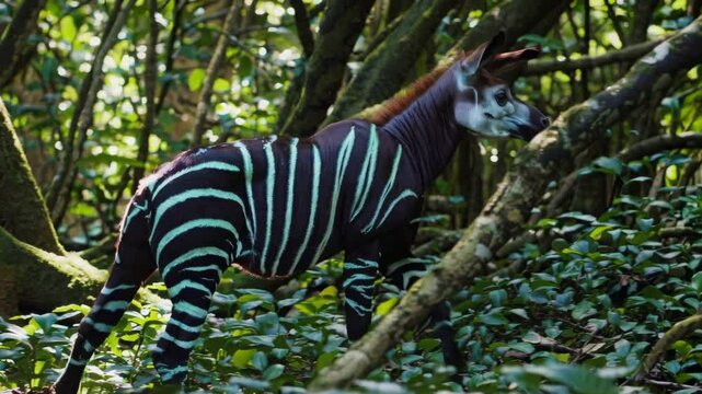 Okapi, a unique and elusive forest-dwelling mammal, gracefully moves through its natural habitat, showcasing its distinctive zebra-striped legs and reddish-brown coat