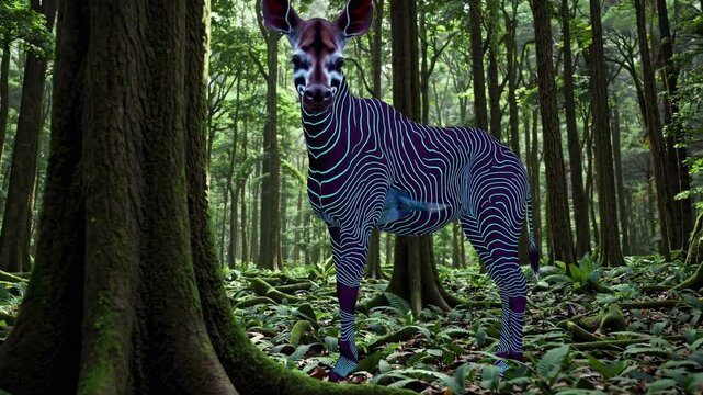 Okapi with luminescent stripes standing majestically within dense forest environment, surrounded by verdant vegetation and towering trees, representing rare african wildlife in pristine wilderness