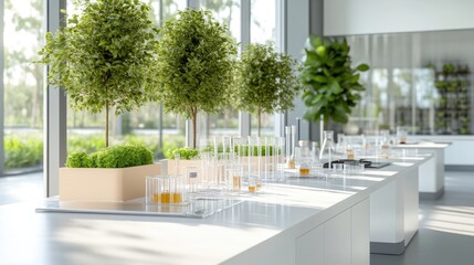 Modern laboratory with greenery.  Spacious, bright laboratory featuring plant life, glassware, and clean white countertops