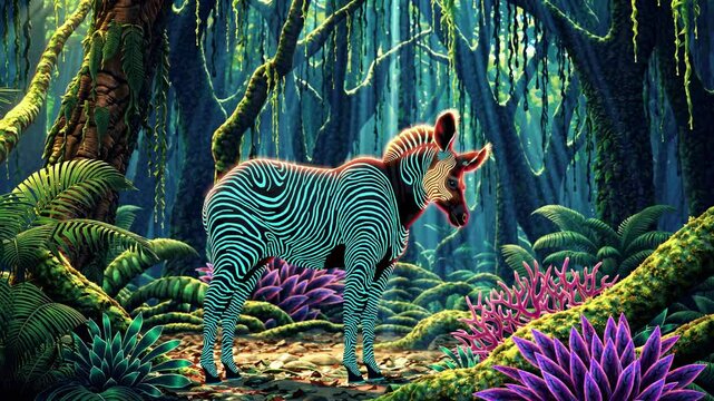 Surreal neon okapi stands in a dense jungle environment with glowing stripes, surrounded by vibrant purple and green foliage, creating a captivating and otherworldly atmosphere