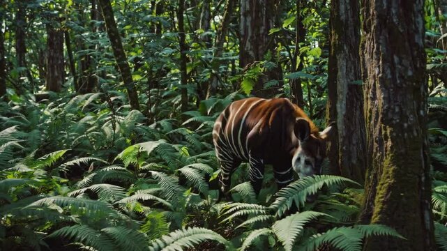 Rare okapi moving slowly among lush ferns, navigating dense tropical forest floor with dappled sunlight filtering through verdant vegetation in central african wilderness