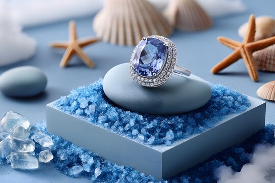 Elegant Blue Gemstone Ring on Soft Blue Background with Shells