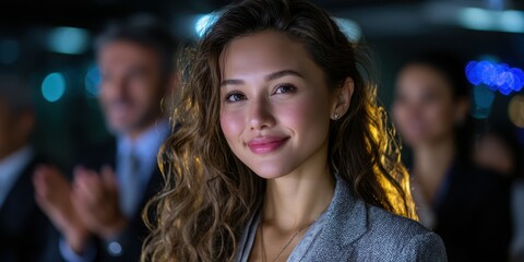 Young woman smiles confidently at a corporate event, surrounded by applauding attendees in a well-lit venue