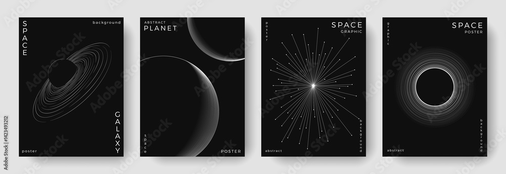 Wall mural set of abstract space astronomy backgrounds. line art planet, galaxy, eclipse, black hole. science f