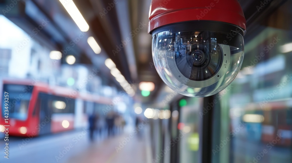 Aufkleber A close-up of a motion-detecting CCTV camera on the side of a public transportation station, with minimalistic design and clean surroundings