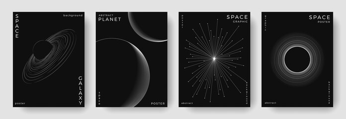 Set of abstract space astronomy backgrounds. Line art planet, galaxy, eclipse, black hole. Science future concept. Cosmic minimalist design for cover, poster, layout, banner, flyer, brochure
